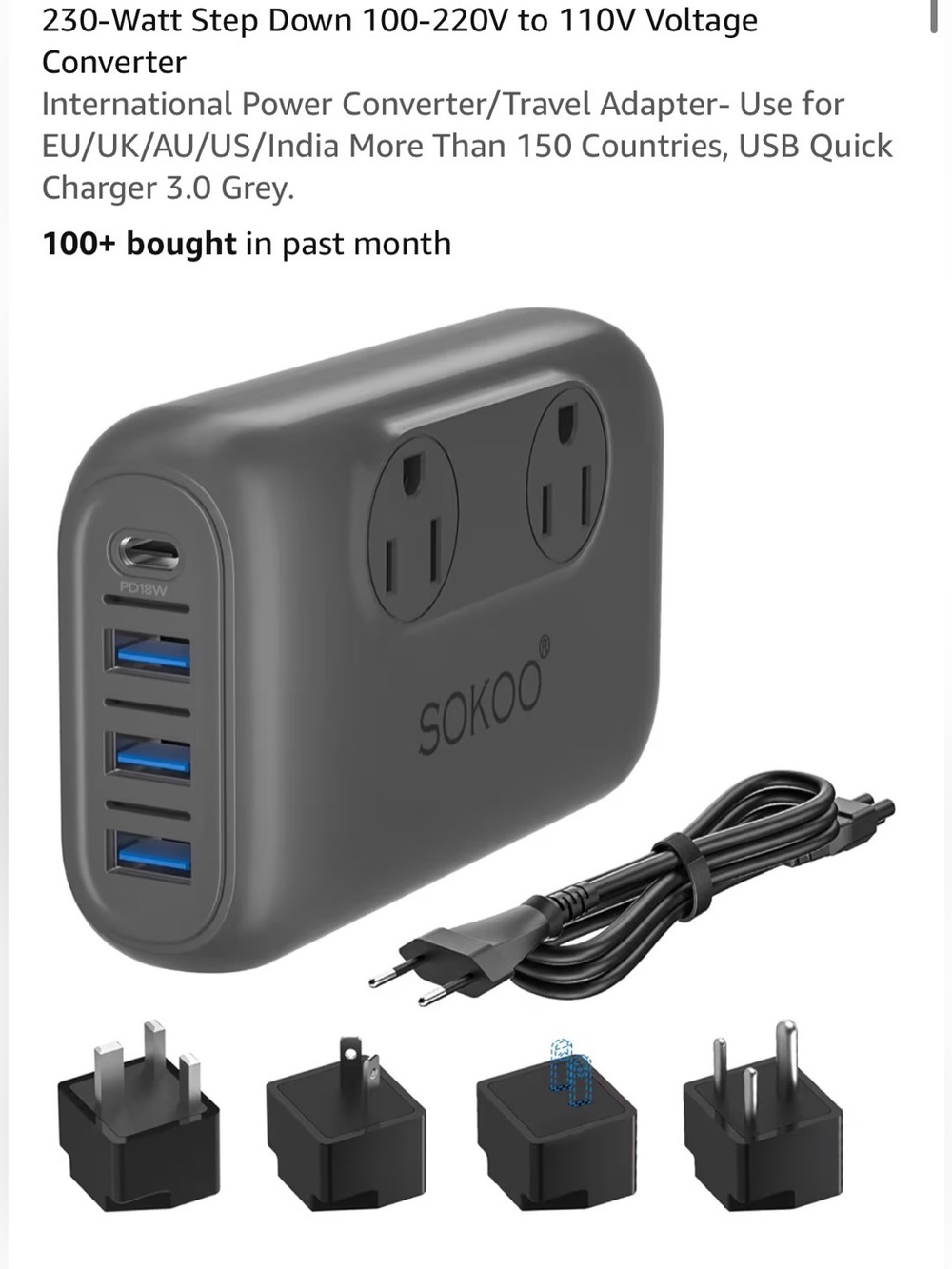 SOKO 230W Travel Voltage Converter with Multiple USB Ports - Gray